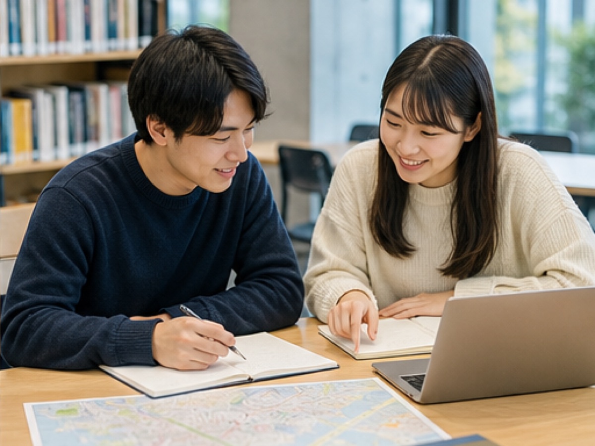 地図と資料を使って選択肢を比べる学生